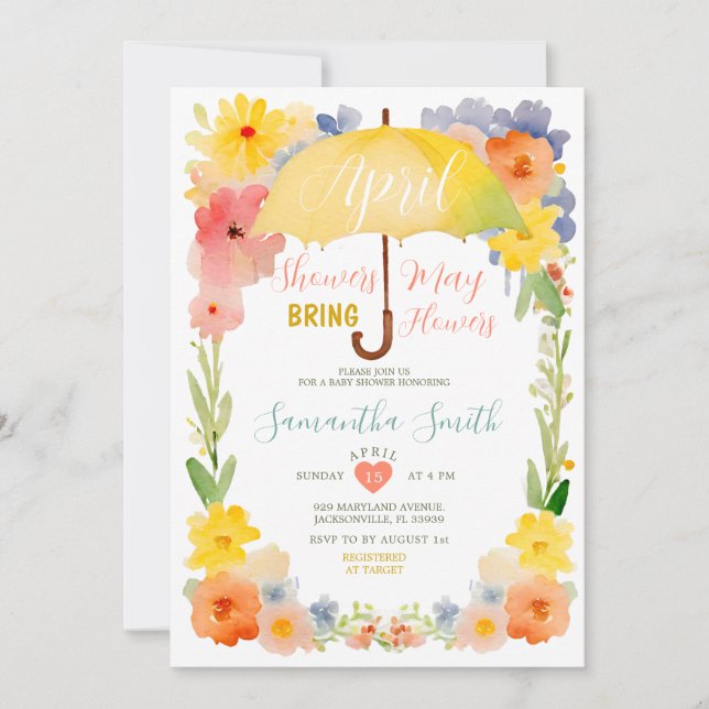 Colorful April Showers Yellow Umbrella Baby Shower Invitation (Front)