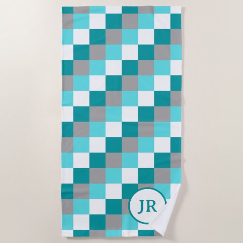 Colorful Aqua and Teal Check Personalized Intials Beach Towel