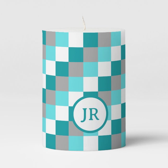 Colorful Aqua Check Theme Custom Initial's Accent Pillar Candle (Front)