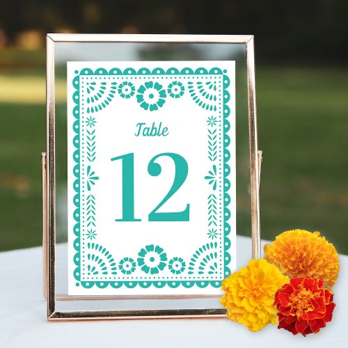 Colorful Aqua Papel Picado Wedding Table Number