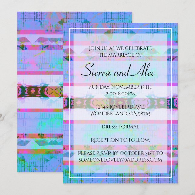 Colorful Aqua Pink & White Bohemian Striped Invitation (Front/Back)