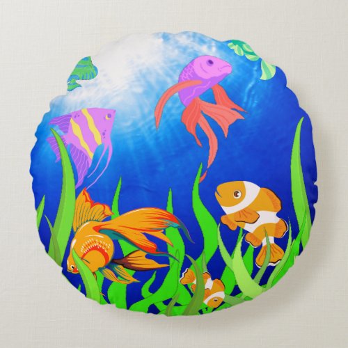 Colorful Aquatic Fishes Under The Sea Round Pillow