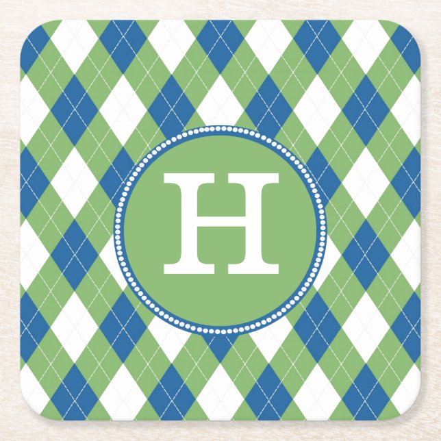 Colorful Argyle and Custom Monogram Paper Coasters (Front)