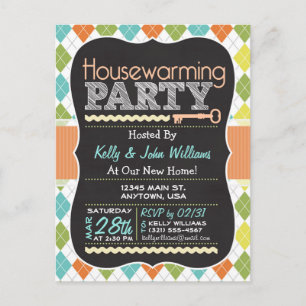 Colorful Argyle; Chalkboard Housewarming Party Invitation Postcard