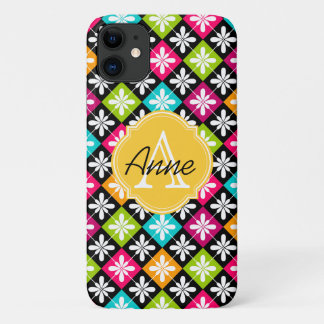 Colorful Argyle Floral Pattern Monogram Name iPhone 11 Case