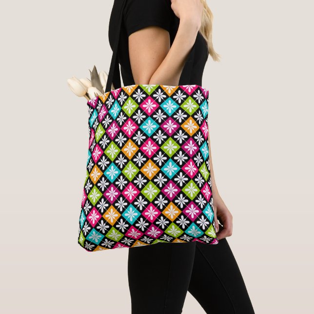 Colorful Argyle with Floral Pattern Tote Bag (Close Up)