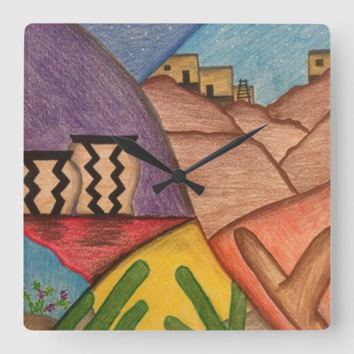 Colorful Arizona Desert Southwest Folk Art Square Wall Clock