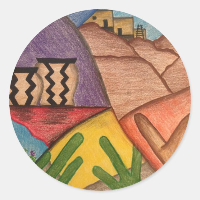 Colorful Arizona Southwest Desert Cactus Classic Round Sticker (Front)