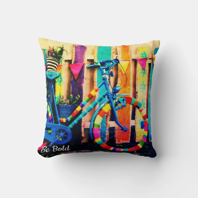 Colorful Art Bicycle with Customized Text Throw Pillow (Front)