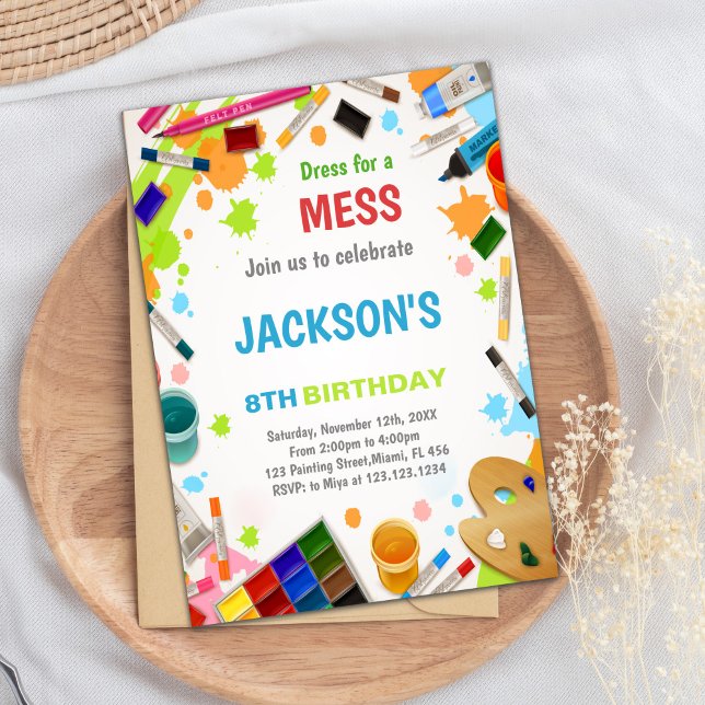 Colorful Art Birthday Card for Kids (Dress For Mess Paint Invitations)