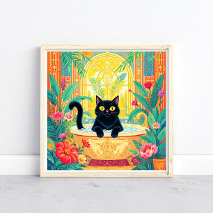Colorful Art Deco Black Cat in Bath Tub Poster