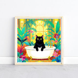 Colorful Art Deco Black Cat in Bath Tub Poster