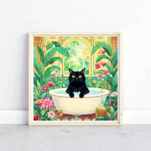Colorful Art Deco Black Cat in Bath Tub Poster