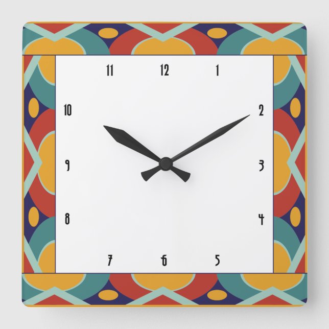 Colorful art deco border square wall clock (Front)