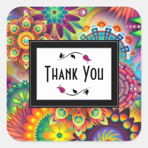 Colorful Art Deco Flower Shapes Pattern Thank You Square Sticker