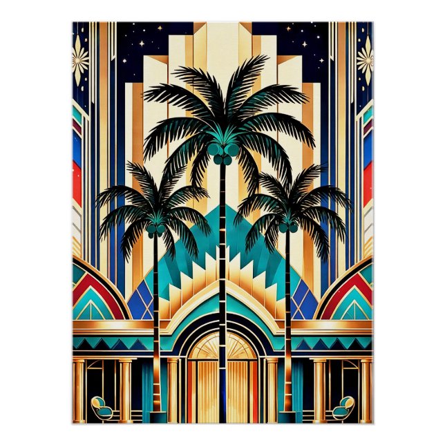 Colorful Art Deco Palm Design Poster. Poster (Front)