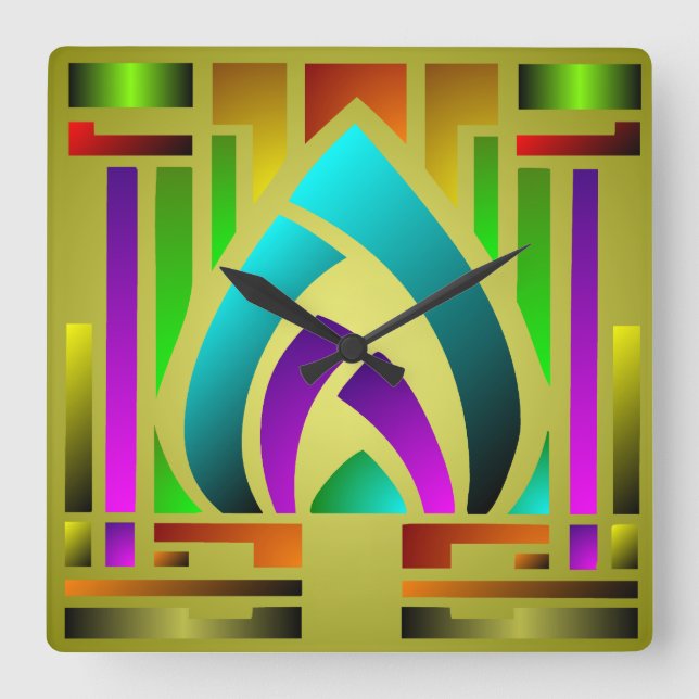 Colorful Art Deco Square Wall Clock (Front)