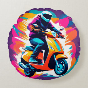Colorful Art Depiction of a Person Riding Round Pillow