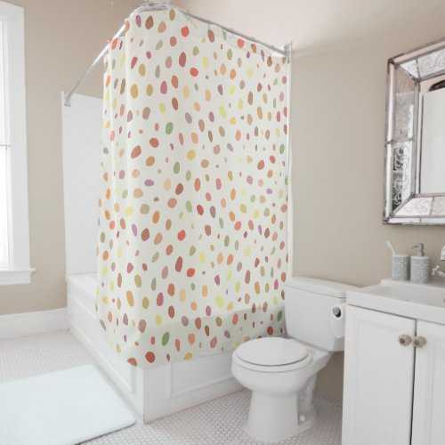 Colorful art dots on beige shower curtain