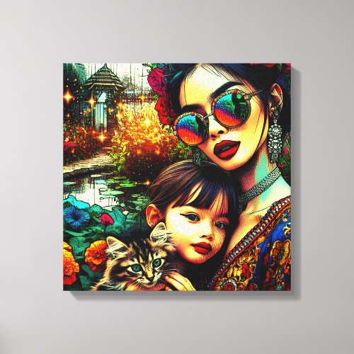 Colorful Art Mom and Daughter Asian Flower Garden Canvas Print