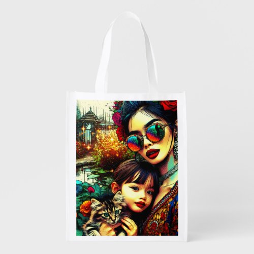 Colorful Art Mom and Daughter Asian Flower Garden Grocery Bag