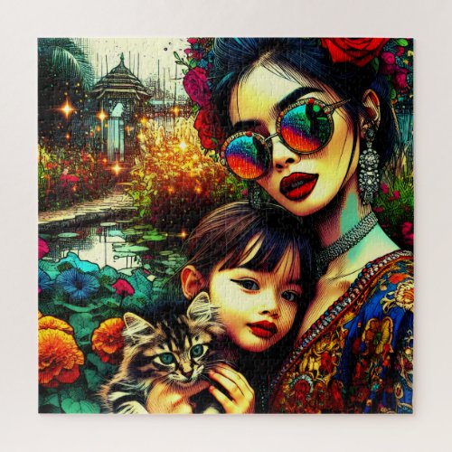 Colorful Art Mom and Daughter Asian Flower Garden Jigsaw Puzzle