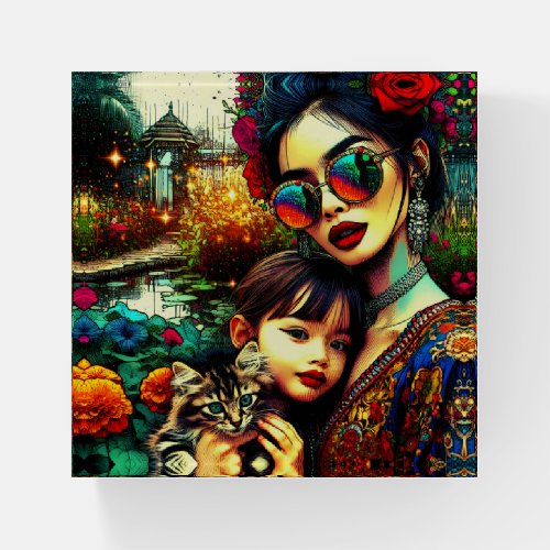 Colorful Art Mom and Daughter Asian Flower Garden Paperweight