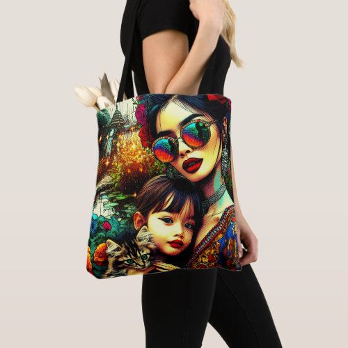 Colorful Art Mom and Daughter Asian Flower Garden Tote Bag