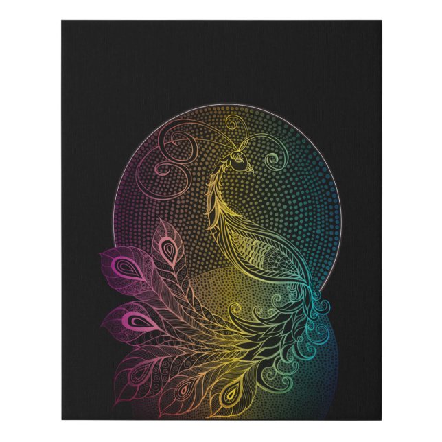 Colorful Art Nouveau Midnight peacock illustration Faux Canvas Print (Front)