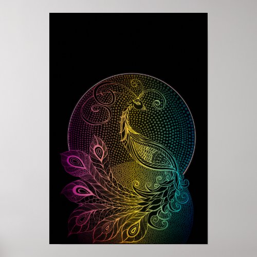 Colorful Art Nouveau Midnight peacock illustration Poster