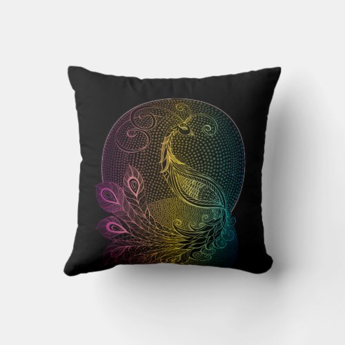 Colorful Art Nouveau Midnight peacock illustration Throw Pillow
