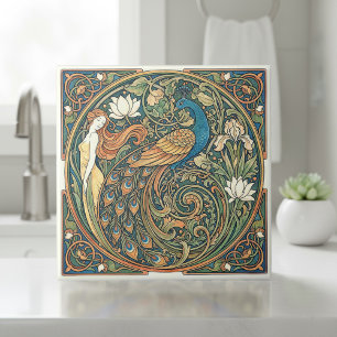 Colorful Art Nouveau Peacock Pat#3 ID1193 Ceramic Tile