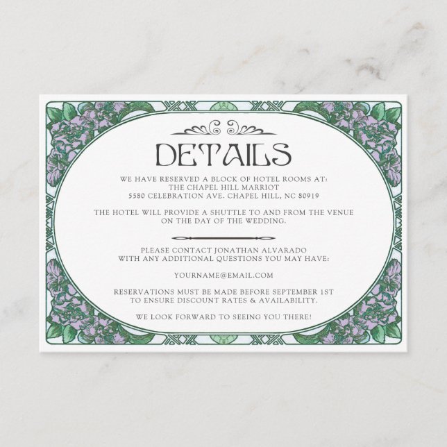Colorful Art Nouveau Wedding Details Card (Set #2) (Front)