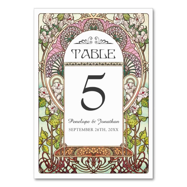 Colorful Art Nouveau Wedding Table Cards (Set #9) (Front)
