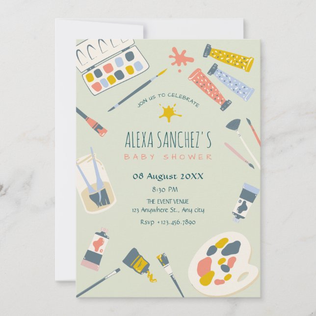 Colorful art paint brush baby shower invitation (Front)