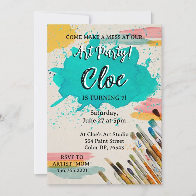 Colorful Art Party Invitation with Paint Stains (Front)