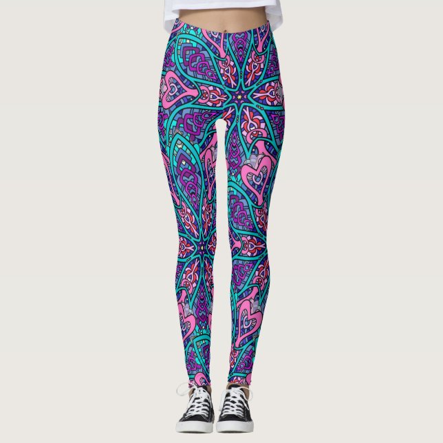 Colorful Art; Purple Pink Aqua Mandala Design Leggings (Front)