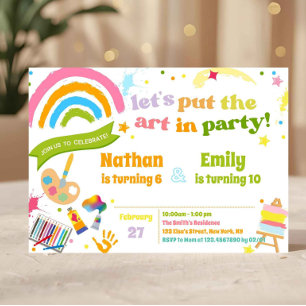 Colorful Art Sibling Birthday Party Joint  Invitation