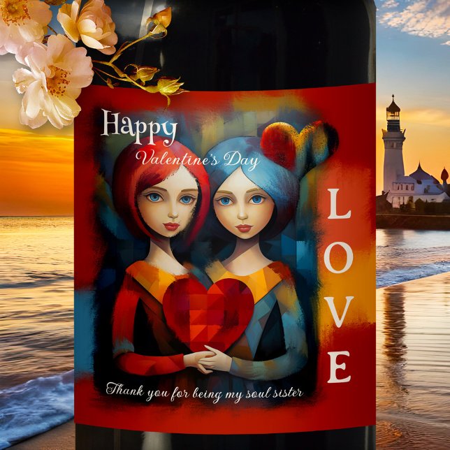 Colorful Art Soul Sisters Happy Valentine's Day Wine Label (A unique romantic wine label featuring a colorful painting of two women with a heart - friendship)