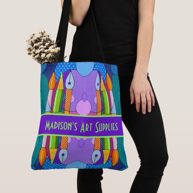 Colorful Art Supplies, Personalized Tote Bag (Close Up)