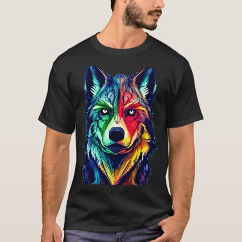 Colorful art Wolf head design predator face colore T_Shirt