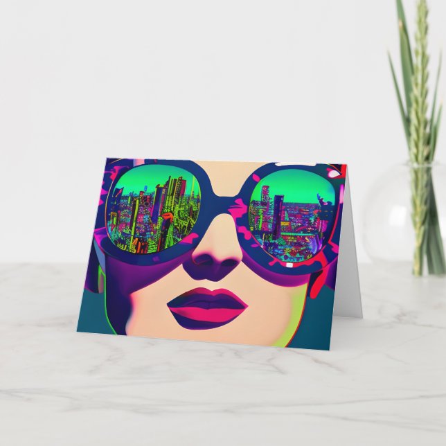 Colorful Art Woman in Sunglasses City Reflection  Card (Front)