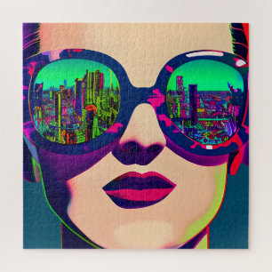Colorful Art Woman in Sunglasses City Reflection Jigsaw Puzzle