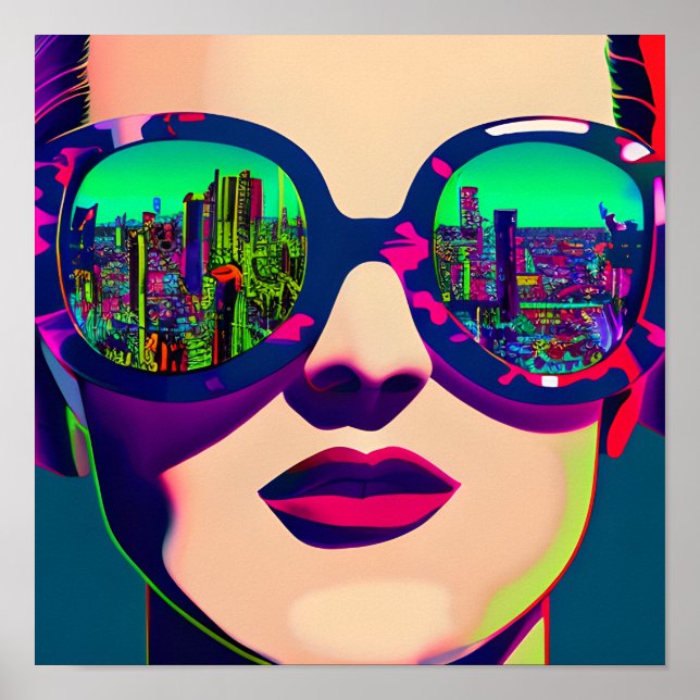 Colorful Art Woman in Sunglasses City Reflection  Poster (Front)