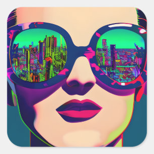 Colorful Art Woman in Sunglasses City Reflection Square Sticker