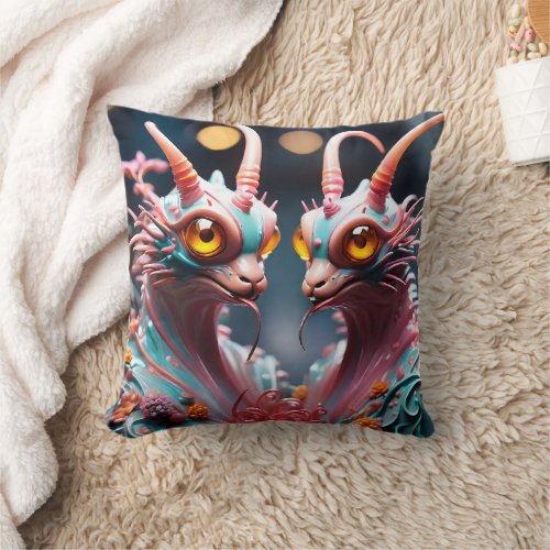 Colorful Articulated Dragon Sculpture With Flowers Throw Pillow