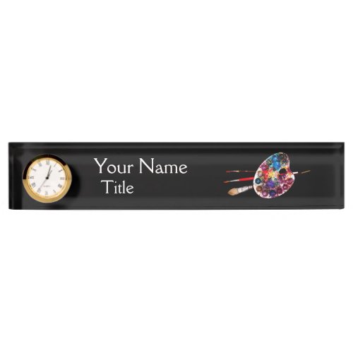 COLORFUL ARTIST COLOR PALETTE  AND BRUSHES black Name Plate