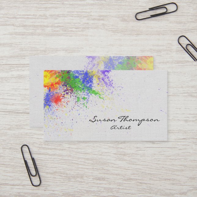 colorful Artist Paint Splatters 2 Business Card (Front/Back In Situ)
