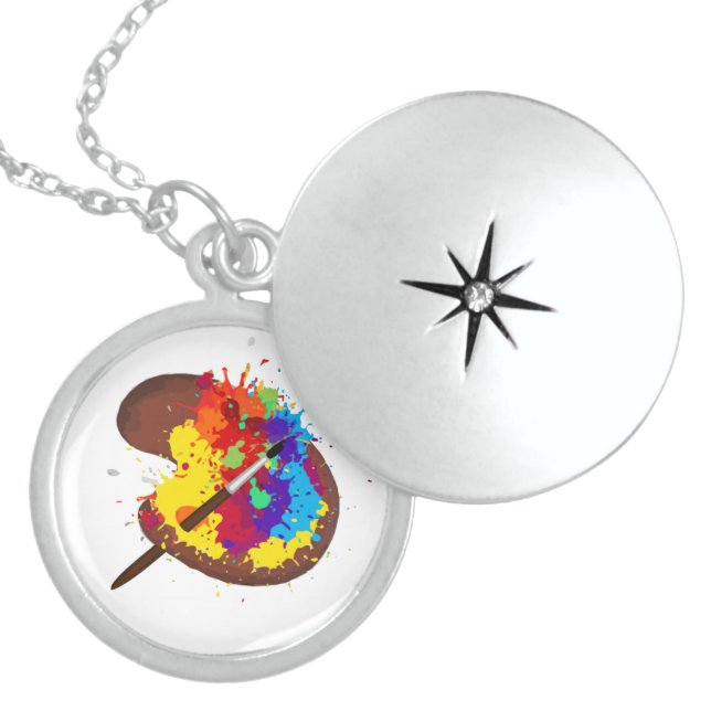Colorful Artist Palette Paints Brushes Locket Necklace (Front)