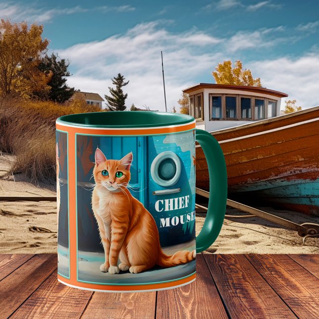 Colorful Artistic Cat Nautical Boat Mug (Nautical mug showing a painting of a ginger cat in a harbor - beach house - cat lover - boat - ship)
